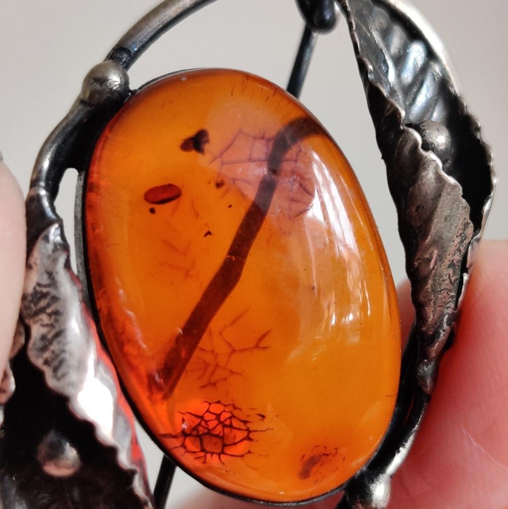 Art Nouveau Style Genuine Amber Silver Brooch C-Clasp